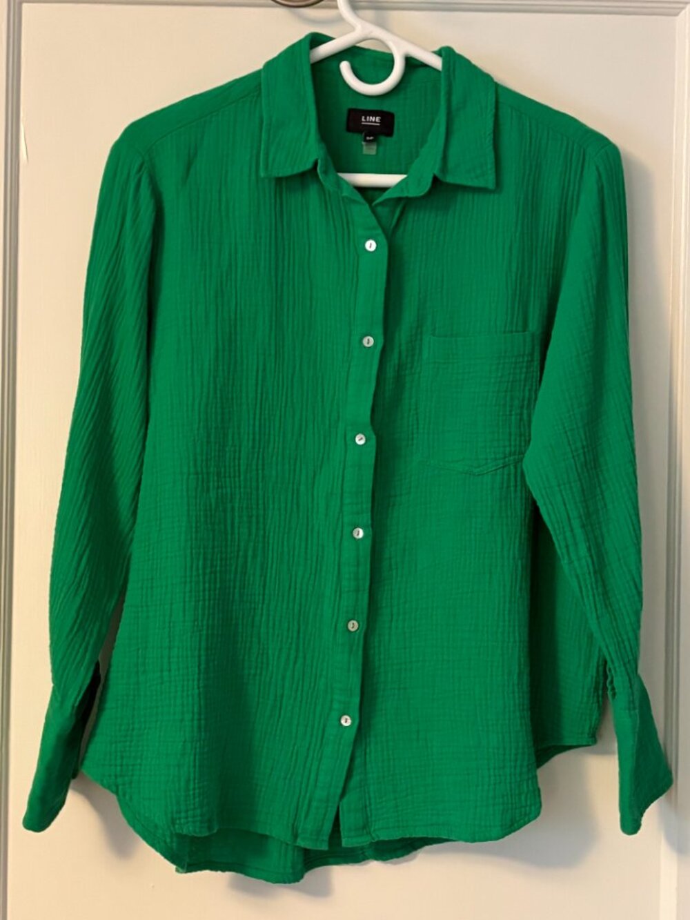Line kelly green gauzy cotton button up shirt size small comfy classic colorful